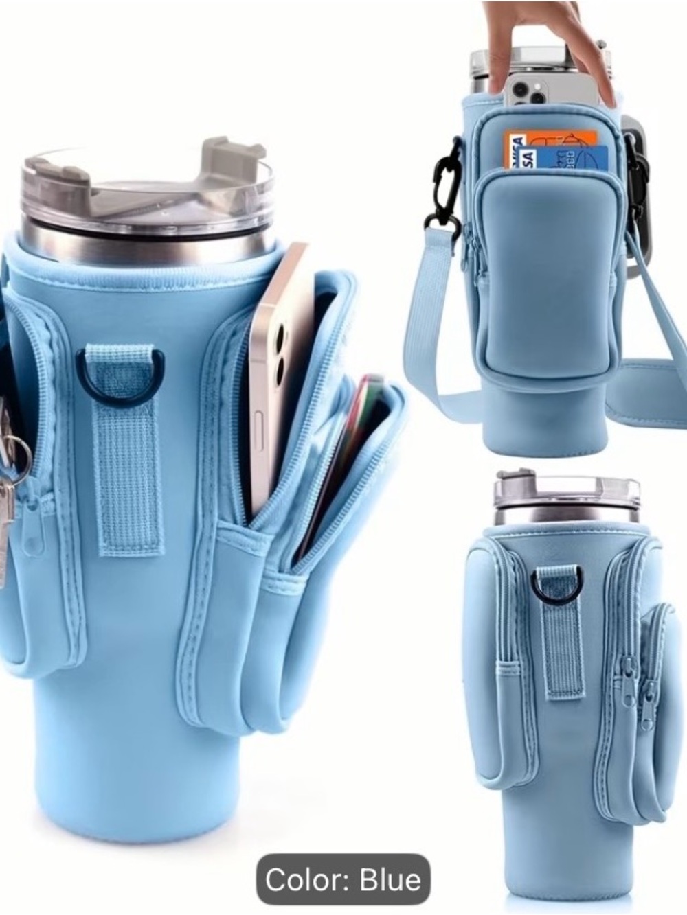 Amazon Blue Insulated Travel Cup Holder with Phone Pouch